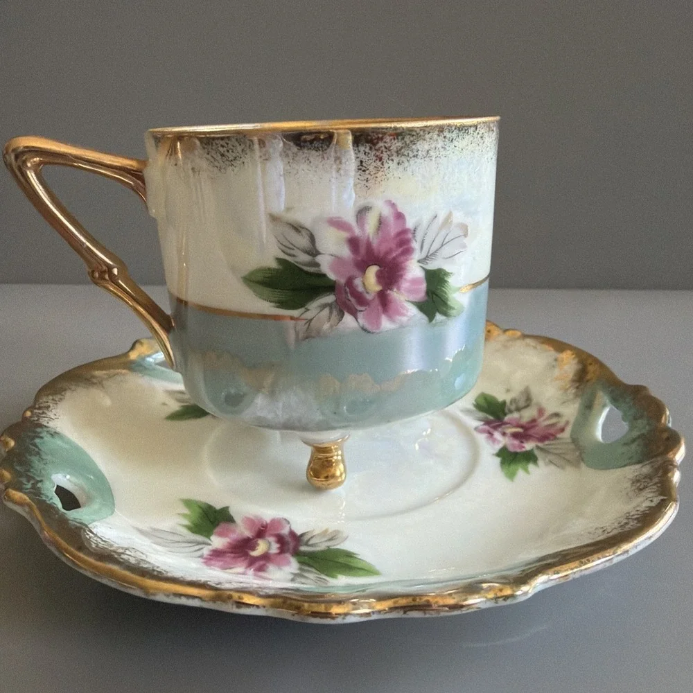 VTG Mid Century Tea Cup Saucer Sterling China Iridescent Floral Gold Tri Footed